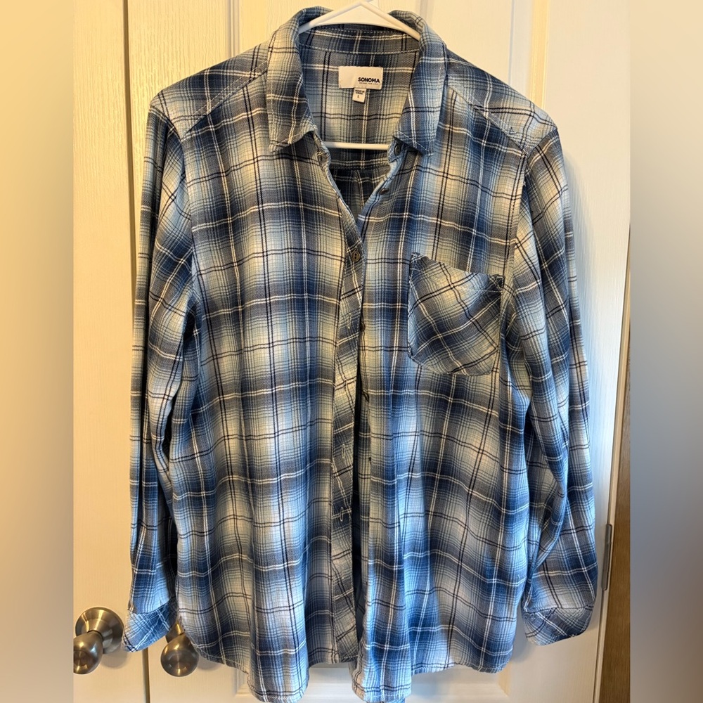 Sonoma Navy and White Plaid Button Down Shirt